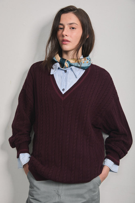 Solene Cable Knit Sweater Burgundy