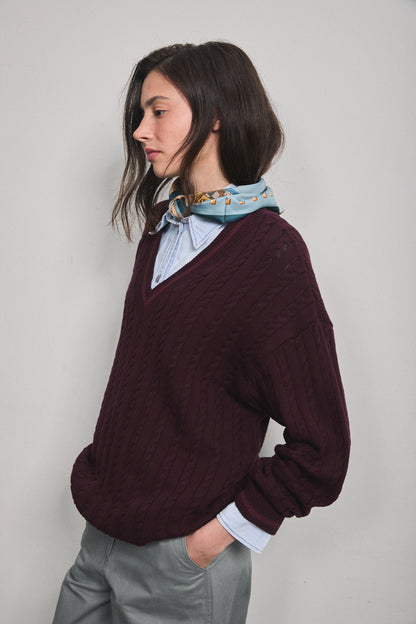Solene Cable Knit Sweater Burgundy