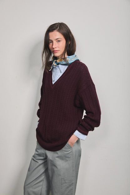 Solene Cable Knit Sweater Burgundy